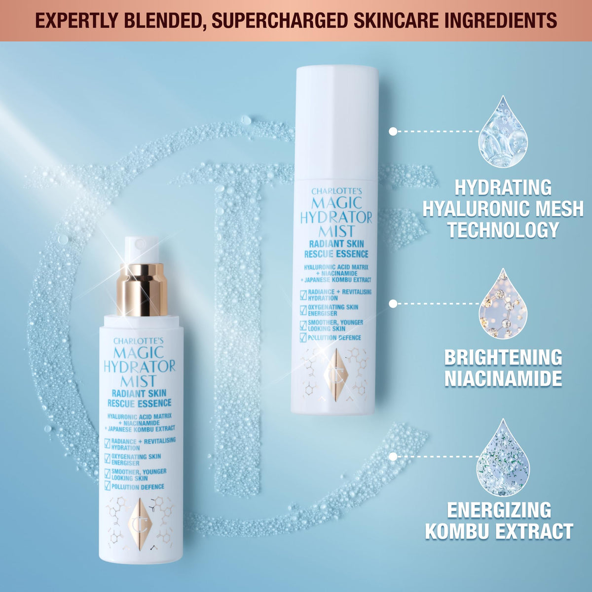 Charlotte Tilbury nozzle close-up highlighting even spray and fine mist benefit