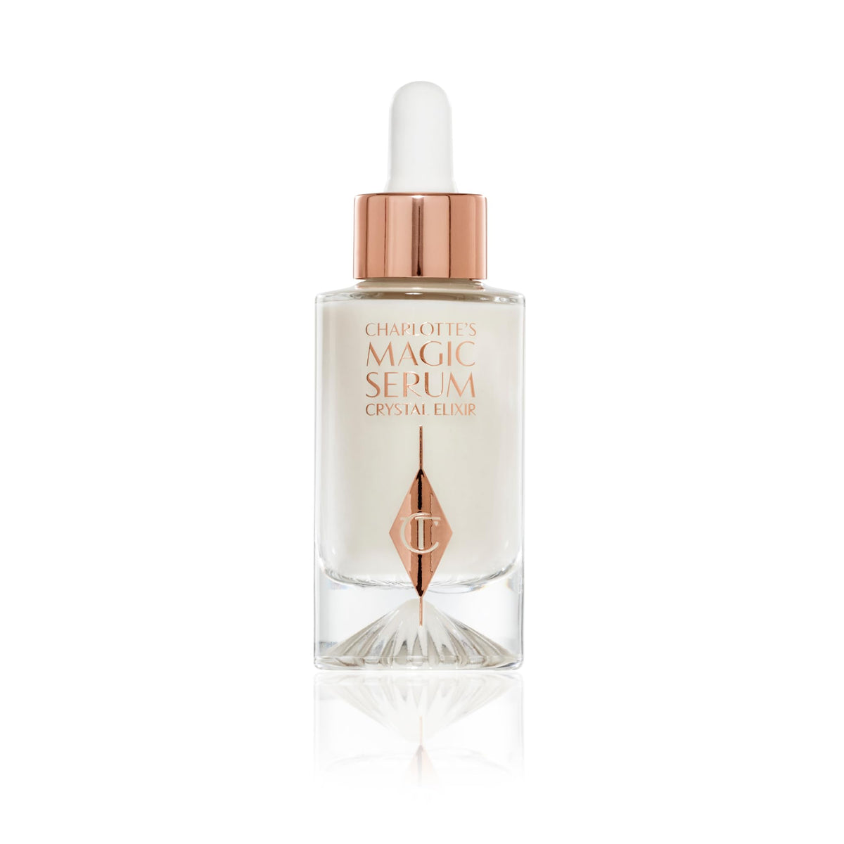 Charlotte Tilbury front bottle showing elegant label and luxe finish benefit: instantly recognizable premium presentation