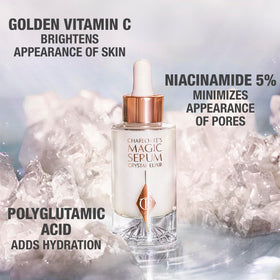 Charlotte Tilbury bottle on bathroom shelf in lifestyle setting showing daily routine integration and aesthetic appeal benefit