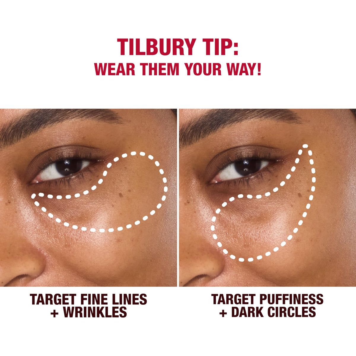 Charlotte Tilbury patches applied under eye on model, demonstrates de-puffing and lift