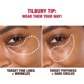 Charlotte Tilbury patches applied under eye on model, demonstrates de-puffing and lift