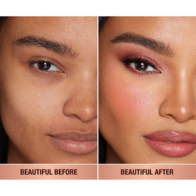 Charlotte Tilbury texture swatch on skin showing buildable, smooth matte peach color