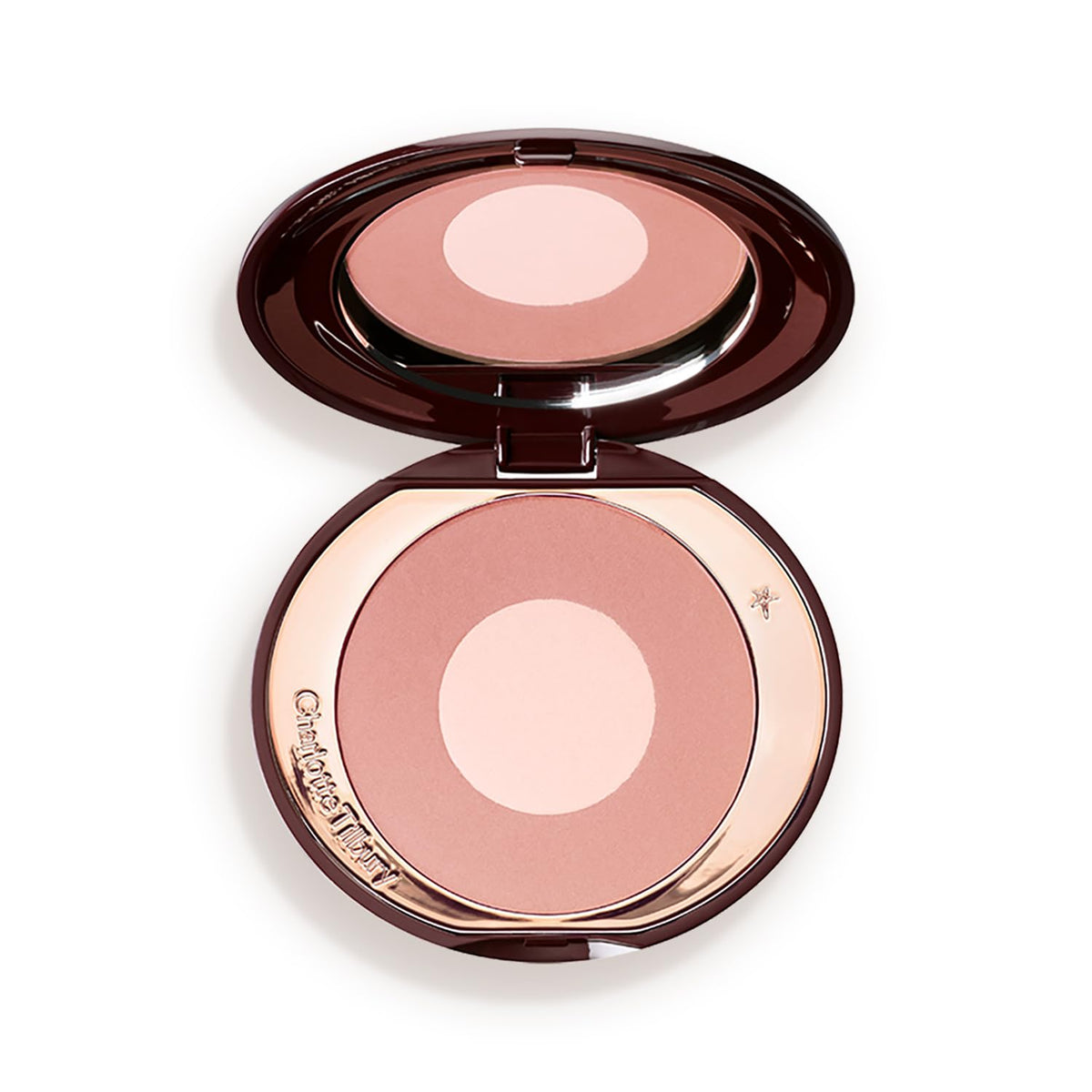Charlotte Tilbury compact front view showing two-tone blush and elegant packaging benefit: instant visual appeal