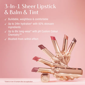 Charlotte Tilbury closeup of lip application for visible hydrated, natural tint