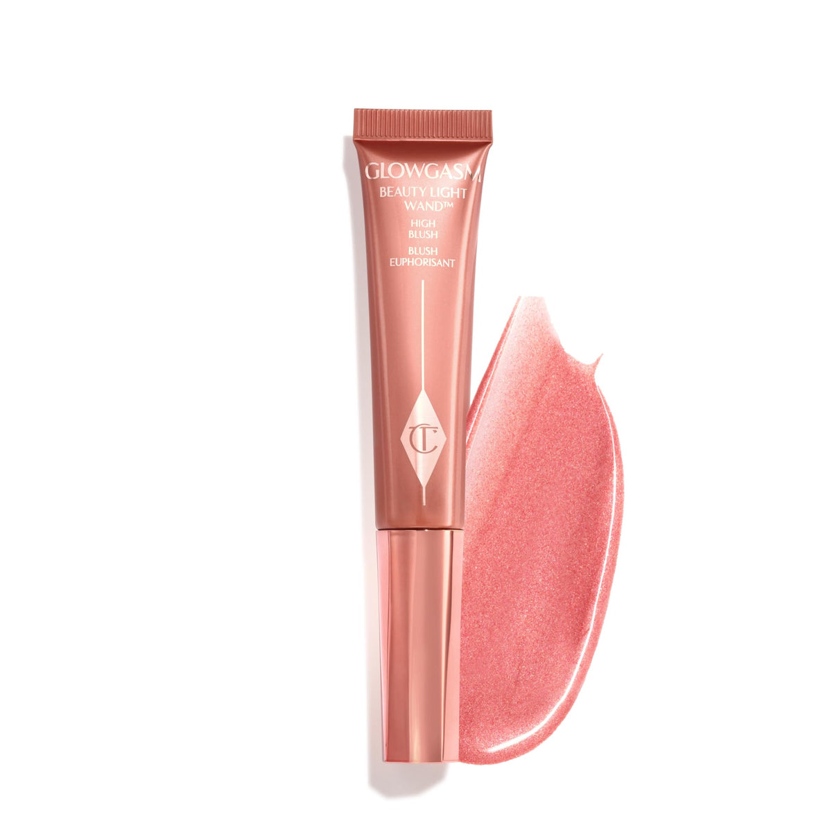 Charlotte Tilbury front packaging shows rosy pink wand and shimmer glow benefit