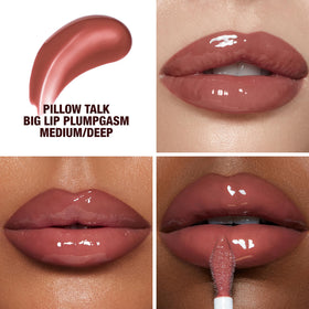 Charlotte Tilbury Plumpgasm swatch on arm medium deep showing brown berry pink tone