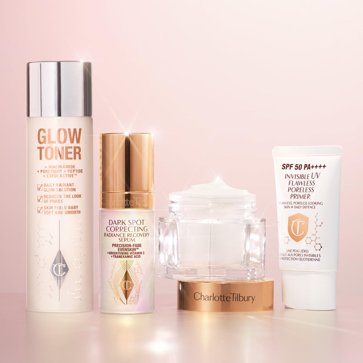 Charlotte Tilbury primer bottle on bathroom counter illustrating daily skincare step