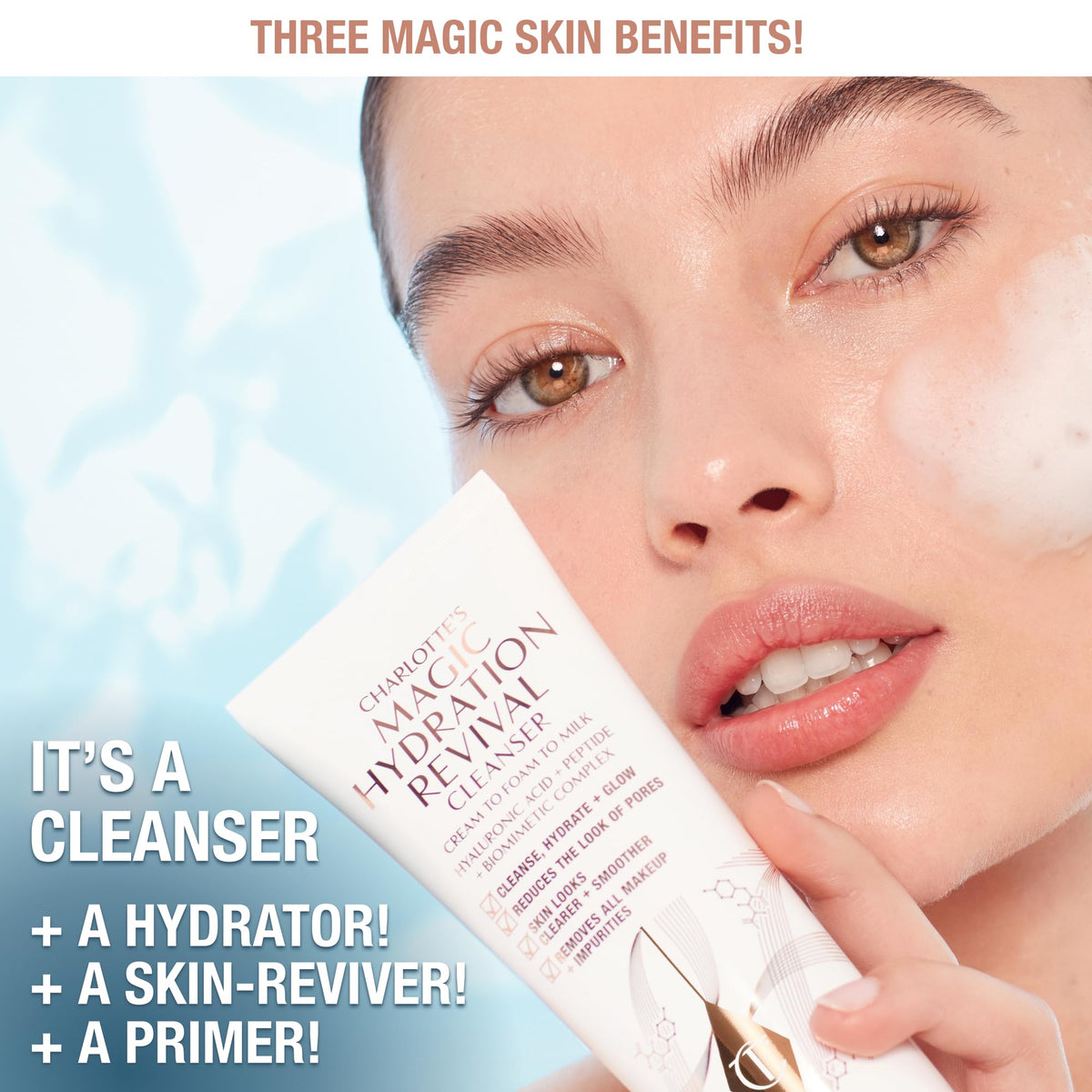 Charlotte Tilbury close-up pump dispensing silky cleanser texture and hydration
