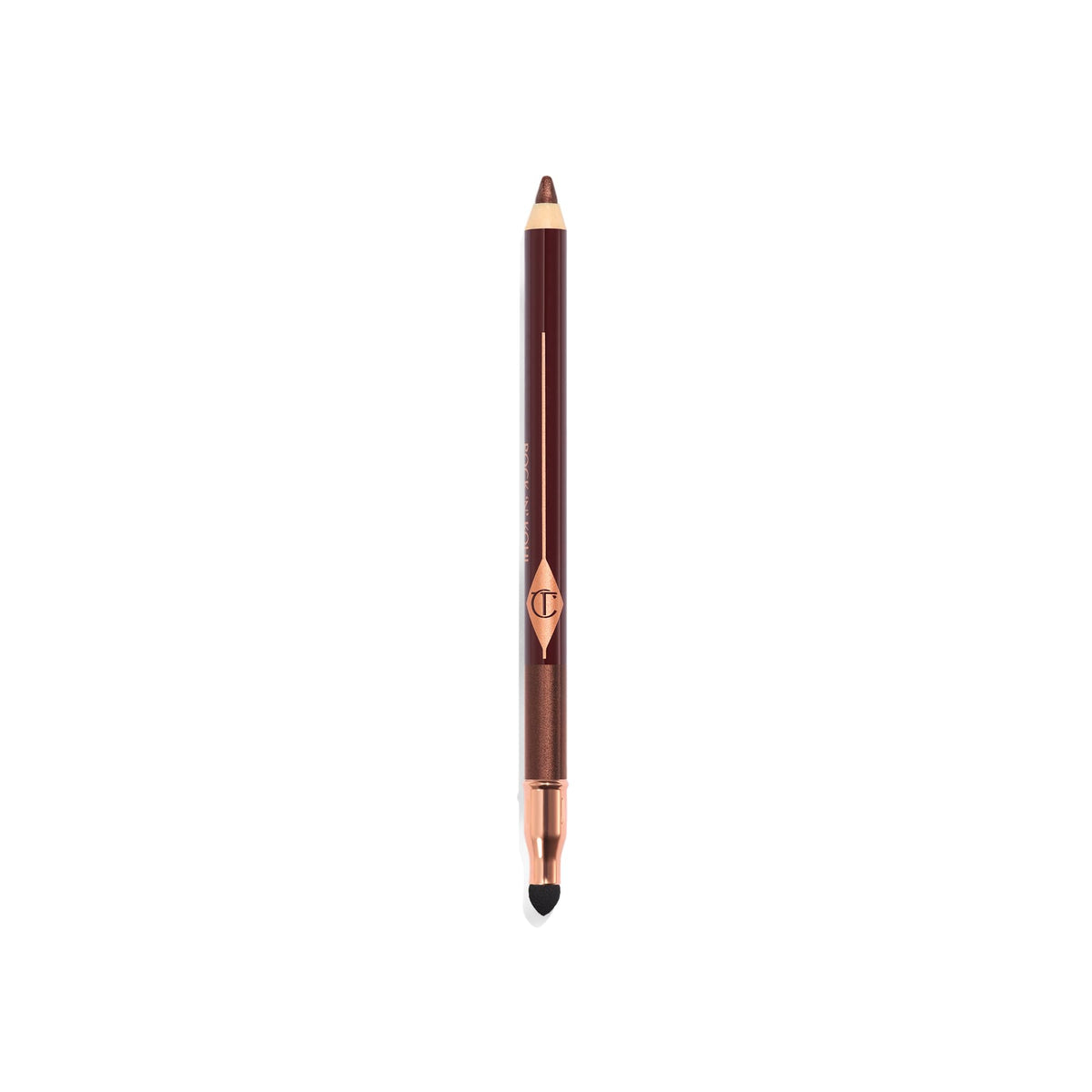 Charlotte Tilbury front packaging of Rock 'N' Kohl Smokey Bronze showing pencil and cap, highlights versatility