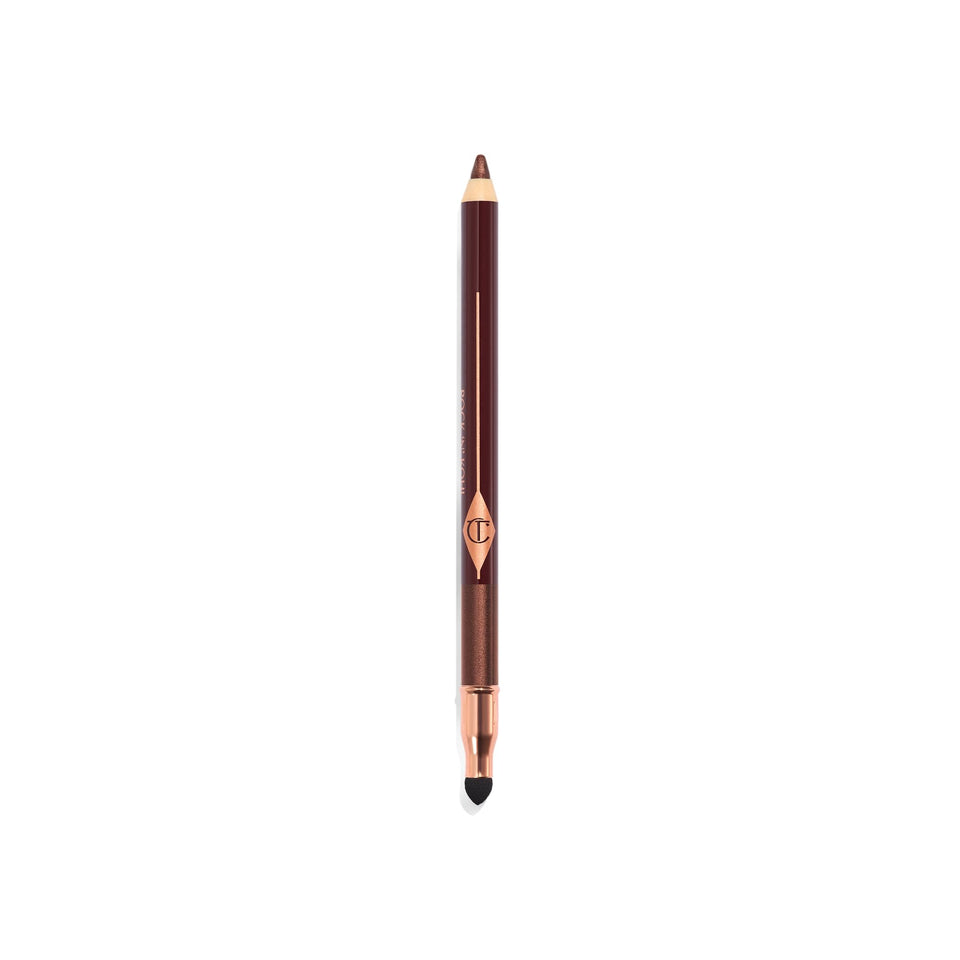 Charlotte Tilbury front packaging of Rock 'N' Kohl Smokey Bronze showing pencil and cap, highlights versatility