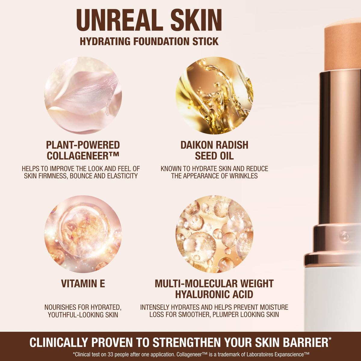 Charlotte Tilbury foundation stick shown next to lipstick to show portable size advantage