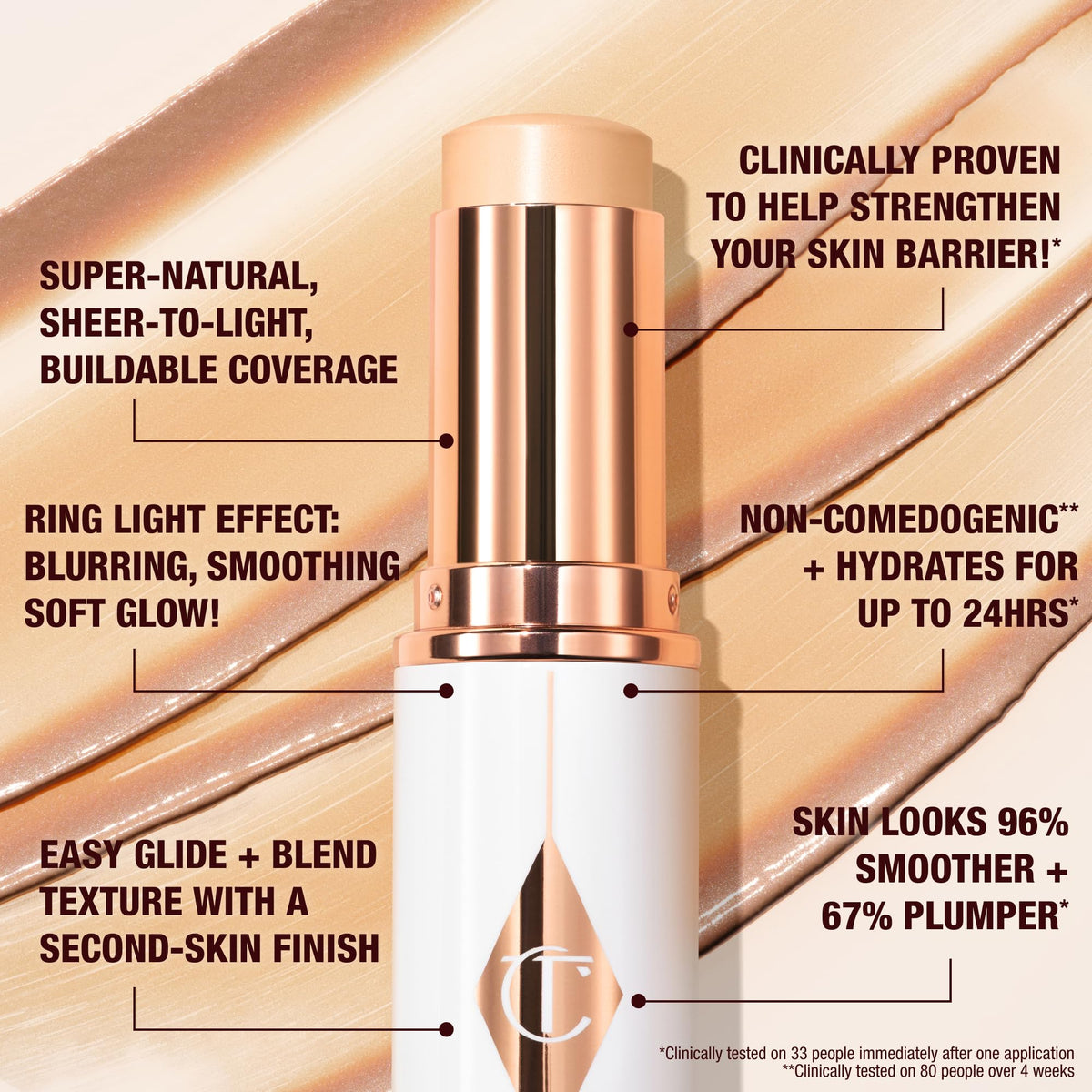 Charlotte Tilbury swatch of 1.5 Fair blended on fair skin showing sheer glowy coverage