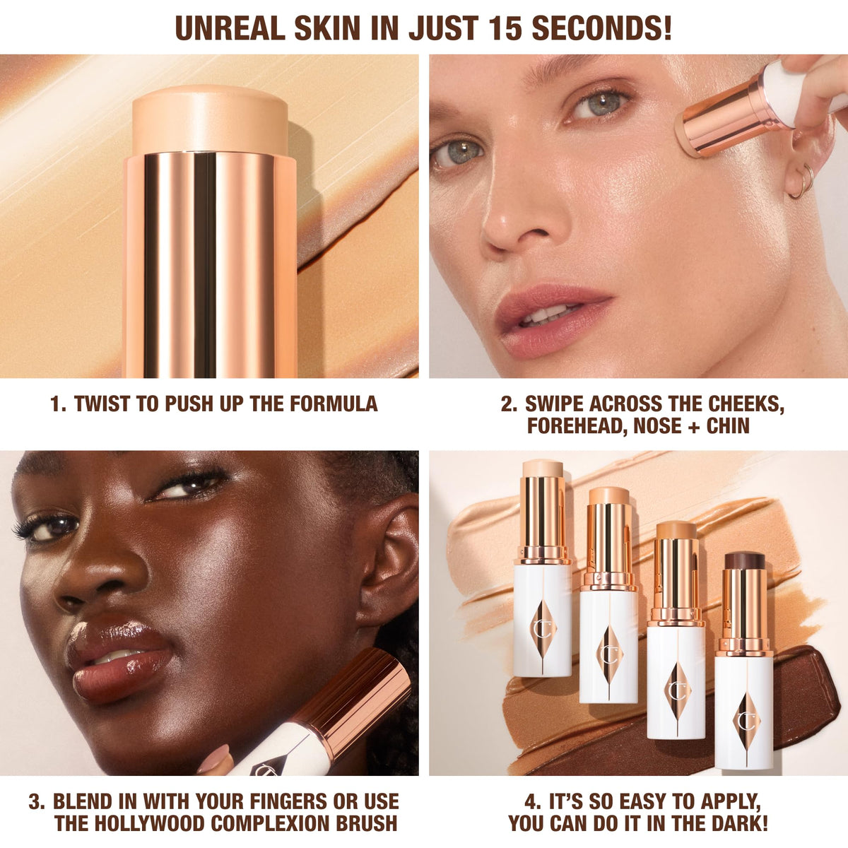 Charlotte Tilbury foundation stick held in hand to show compact travel-friendly size