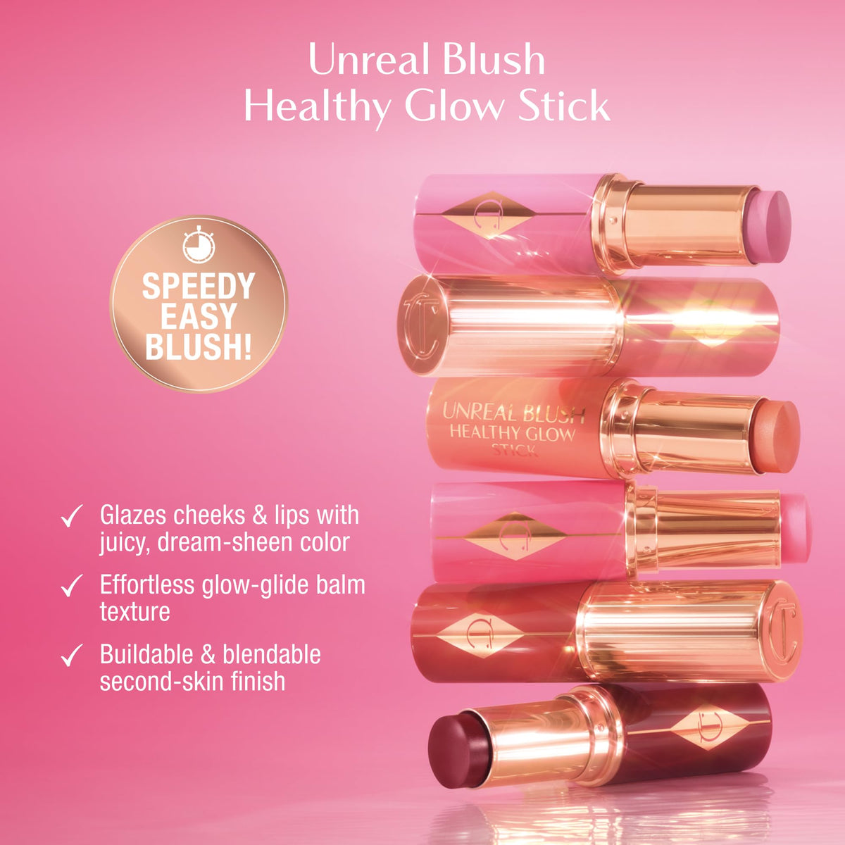 Charlotte Tilbury Unreal Blush Stick swiped on skin close-up showing smooth texture and soft-focus benefit