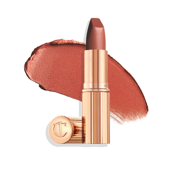 Charlotte Tilbury front view of Very Victoria lipstick showing sleek case and shade benefit