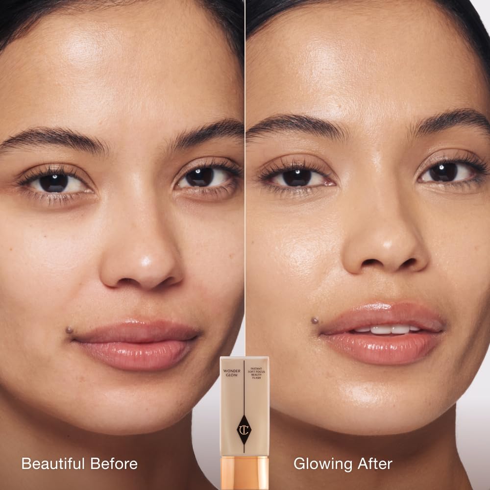 Charlotte Tilbury primer applied to cheek demonstrating instant radiance and blurring effect