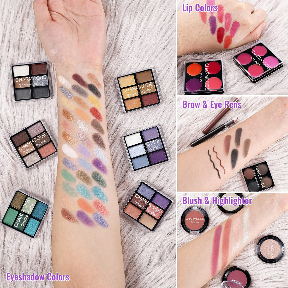 CHARMCODE brushes and puff applicators layout for easy makeup application