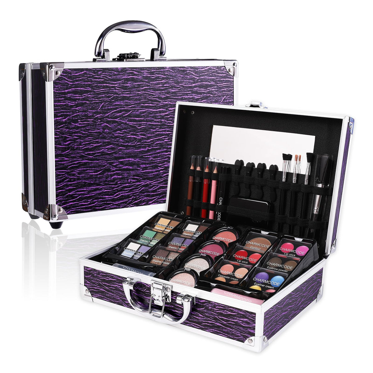 CHARMCODE open case displaying palettes and mirror for on-the-go application