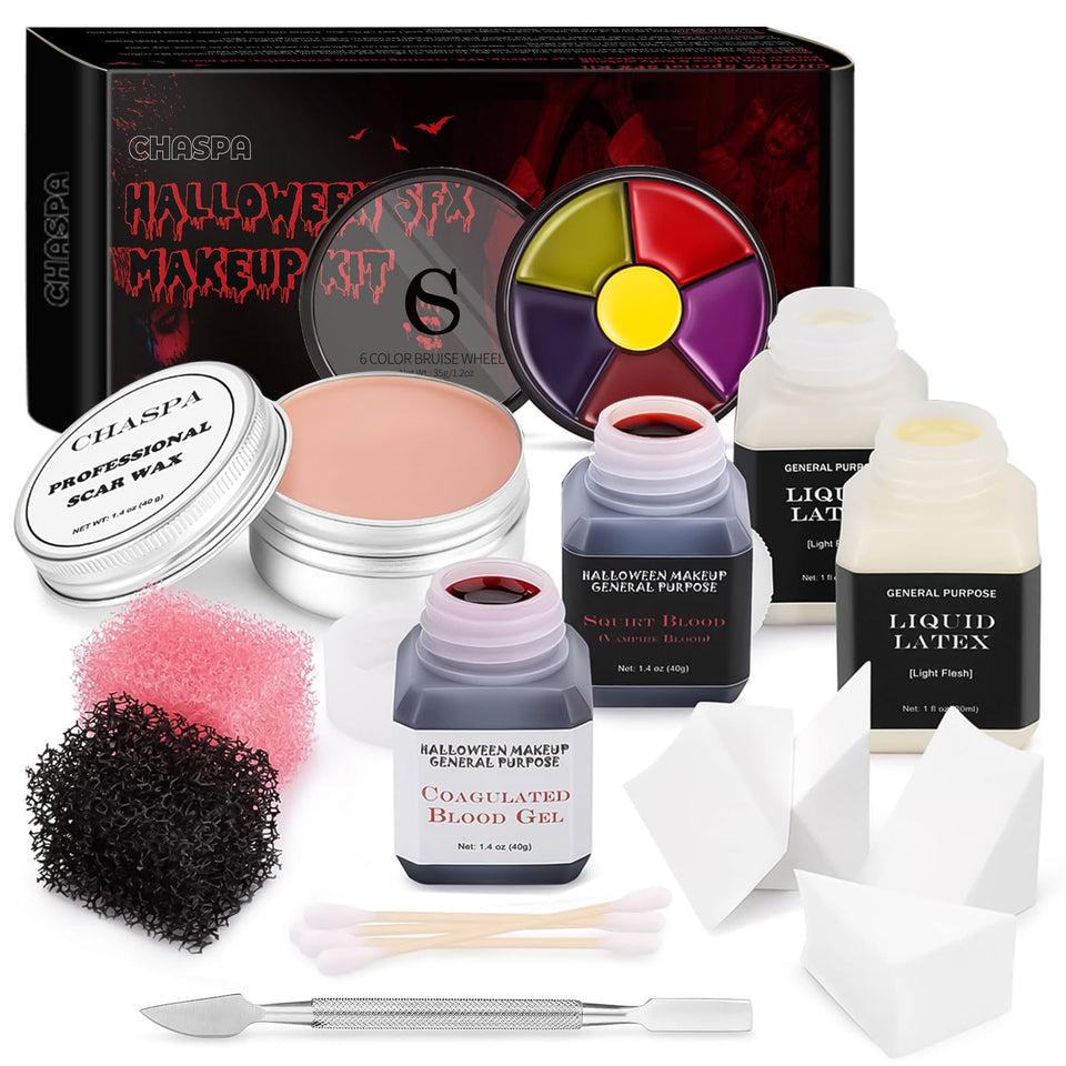 CHASPA front packaging of complete SFX makeup kit showing contents and benefits