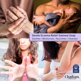 Chatham Natural Skin Care bar beside tub prepared for an oatmeal bath to calm irritated skin