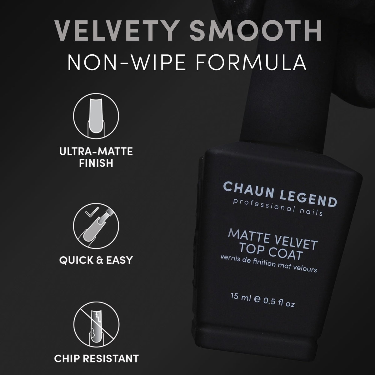 Chaun Legend close-up of matte top coat brush stroke revealing velvet texture and smooth light diffusion