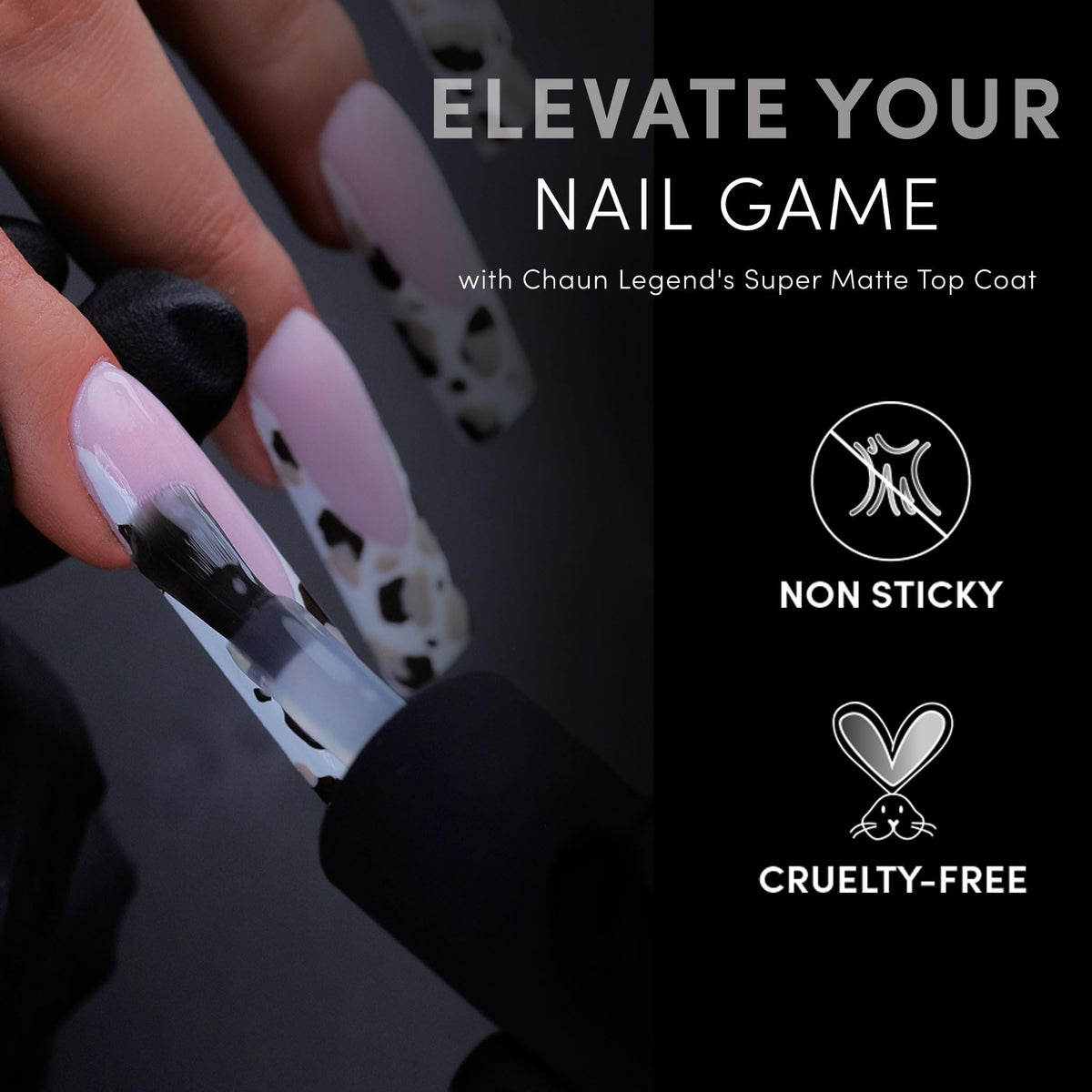 Chaun Legend top coat in use on finished manicure demonstrating instant matte transformation and polished look
