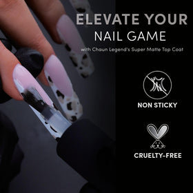 Chaun Legend top coat in use on finished manicure demonstrating instant matte transformation and polished look