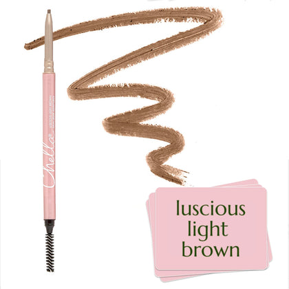 Chella eyebrow pencil front view showing sleek packaging and immediate benefits