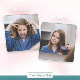 CHELLY before and after hair showing reduced split ends and smoother benefit