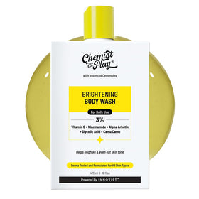 Chemist at Play bottle label detail focusing on Vitamin C and alpha arbutin benefits