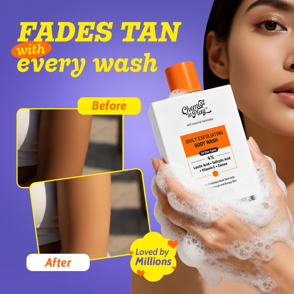 Chemist At Play pump and label close-up highlighting active acids benefit