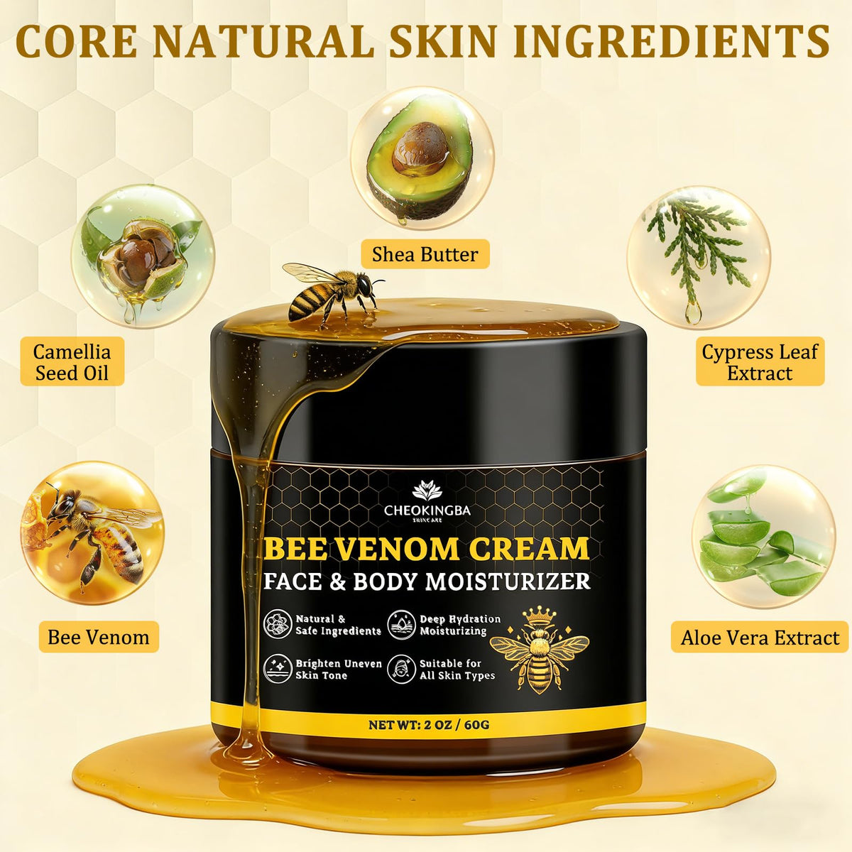 CHEOKINGBA botanicals display with camellia oil and shea butter benefits