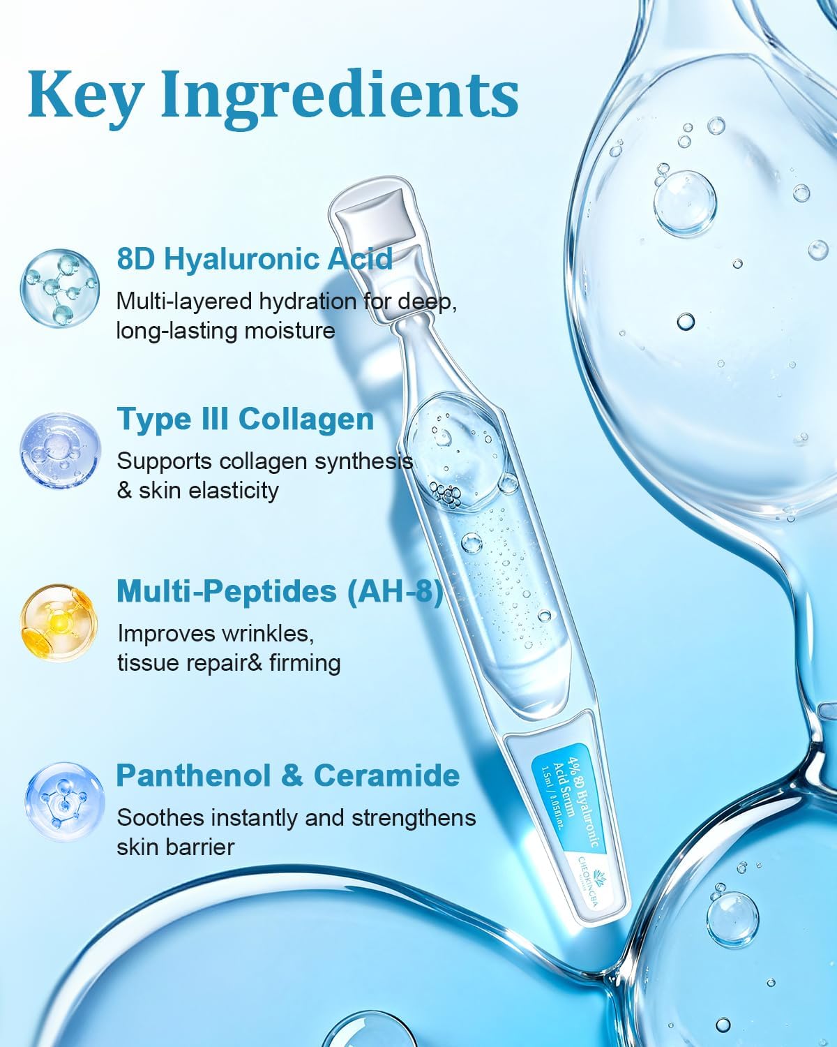 CHEOKINGBA ingredient label closeup showing hyaluronic acid and peptides for efficacy