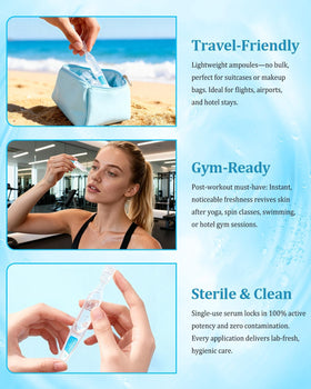 CHEOKINGBA ampoules beside travel bag, convenient sterile dosing for on-the-go skincare