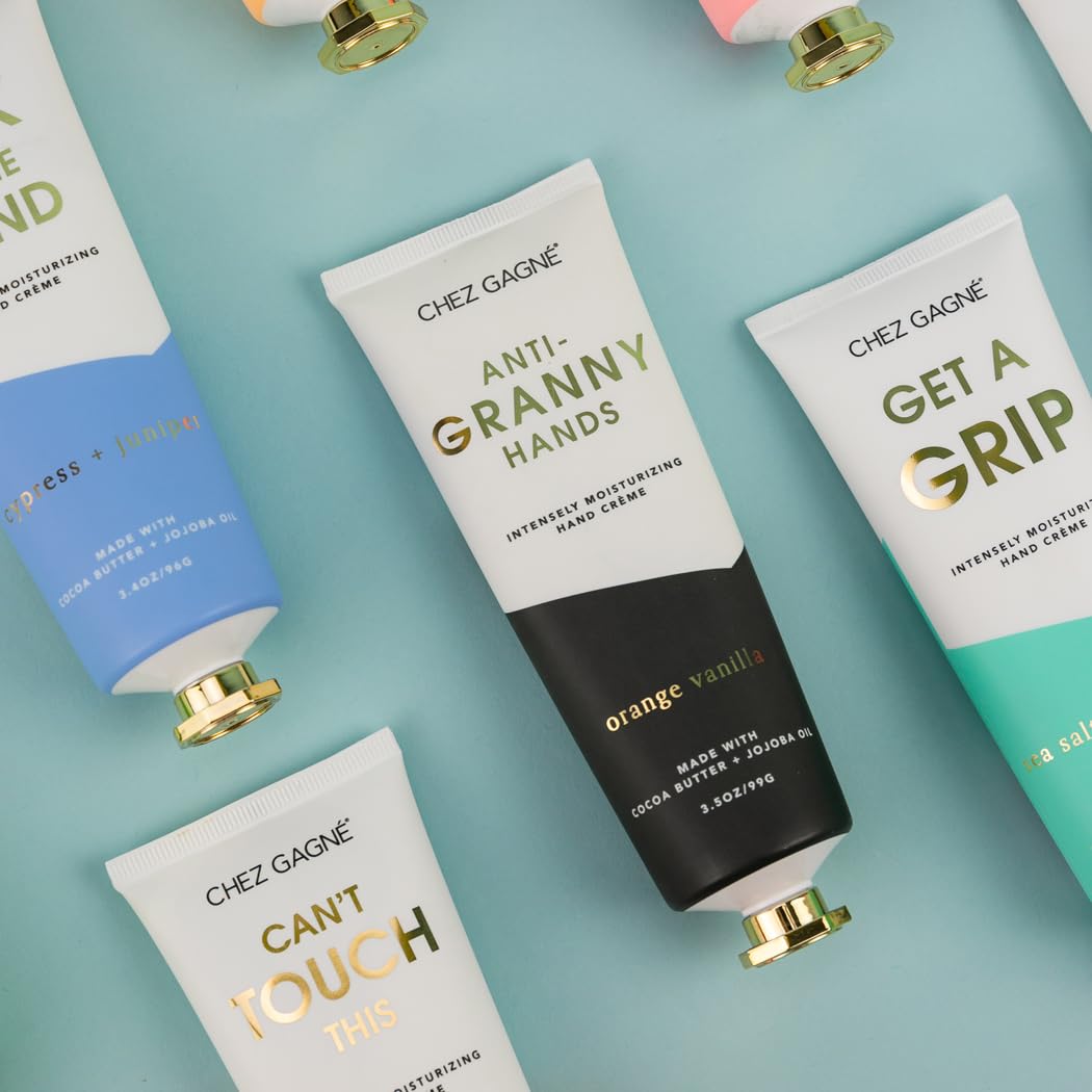 Size comparison of Chez Gagné tube next to a hand to show portable 3.4oz benefit