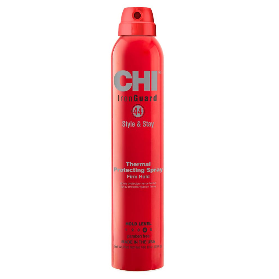 CHI 44 front packaging showing label and 10 oz size, protecting hair during styling