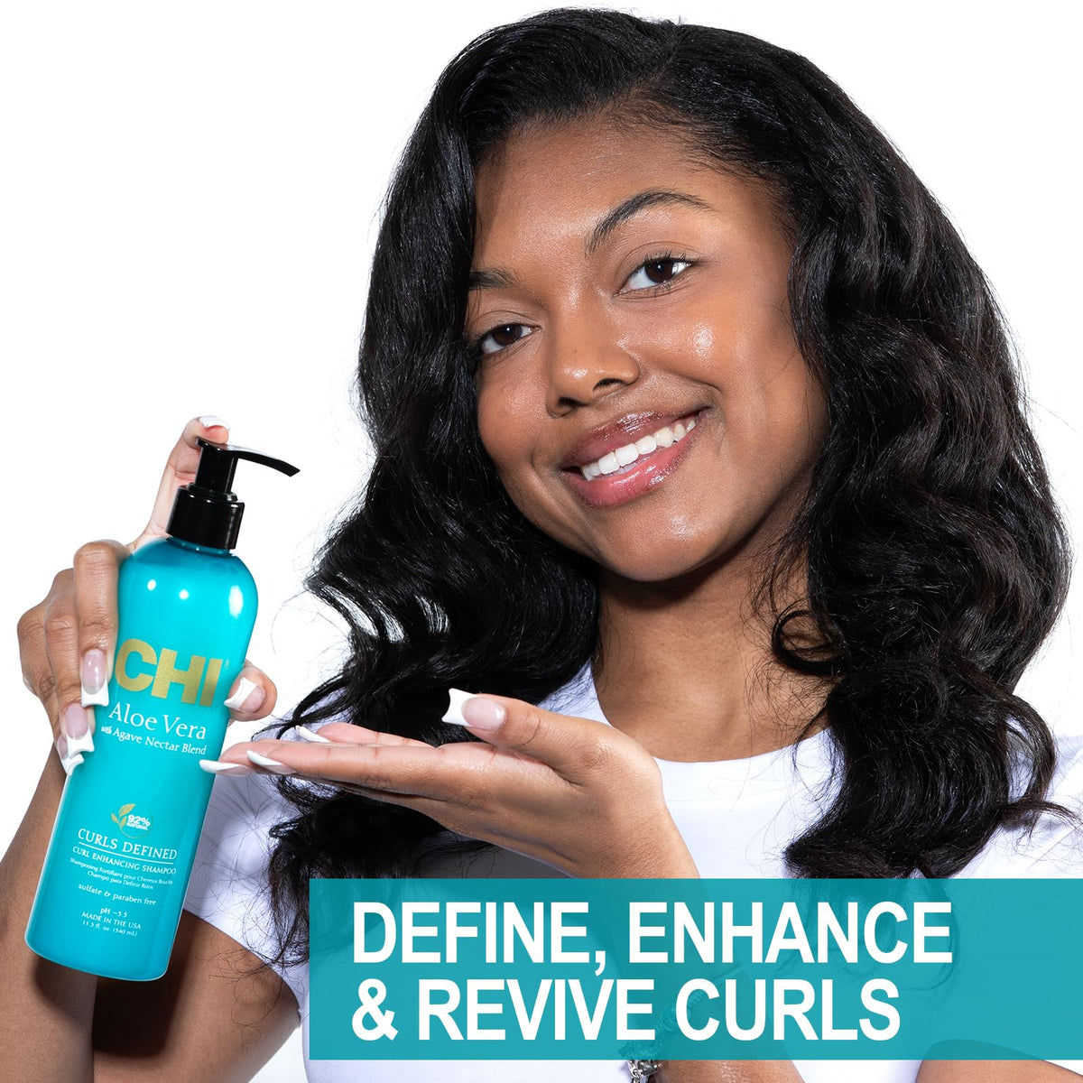 CHI shampoo on bathroom shelf with styling products for routines