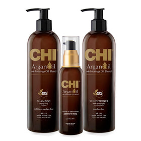 CHI trio front packaging showing shampoo conditioner and moringa oil for salon-quality results