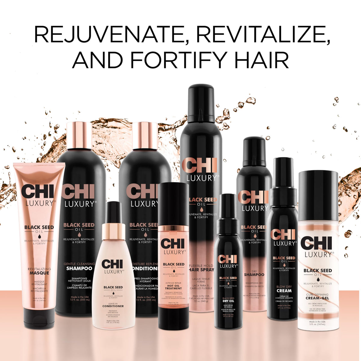 CHI bottle styled on bathroom shelf conveying salon-quality self-care at home