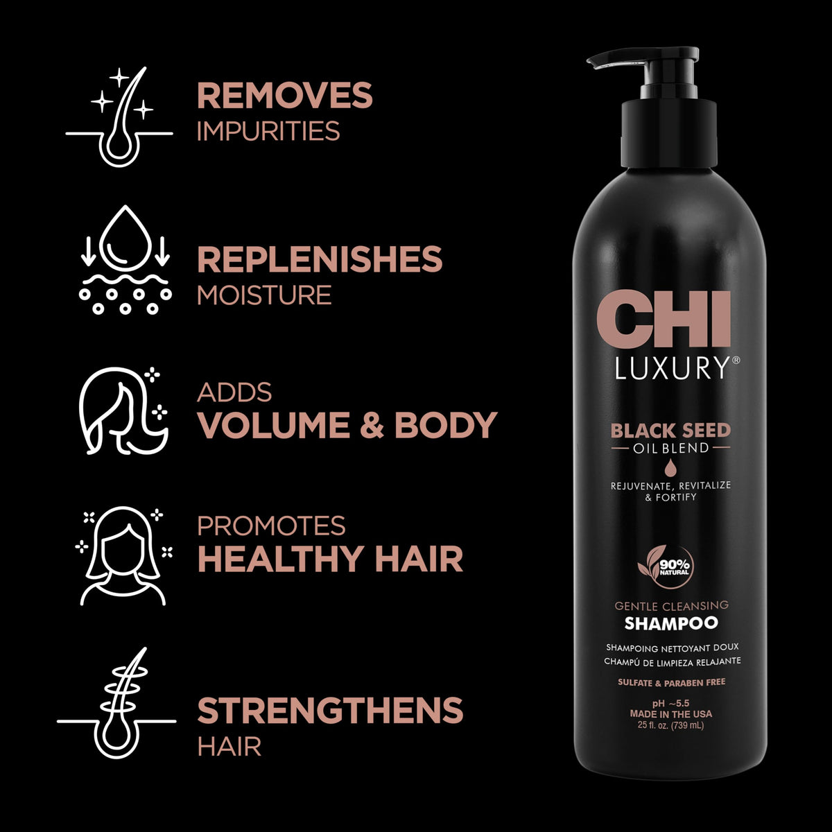 CHI close-up of pump dispensing shampoo illustrating convenient controlled application