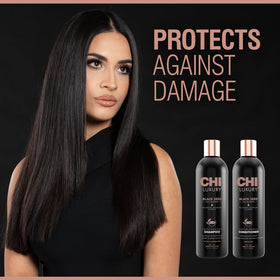 CHI shampoo pump close-up showing easy dispensing and gentle cleansing benefit