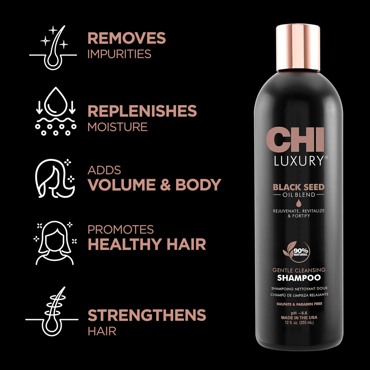CHI label close-up highlighting black seed oil and gentle formula benefit