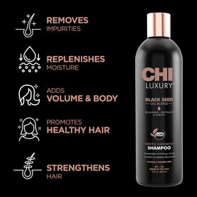 CHI label close-up highlighting black seed oil and gentle formula benefit