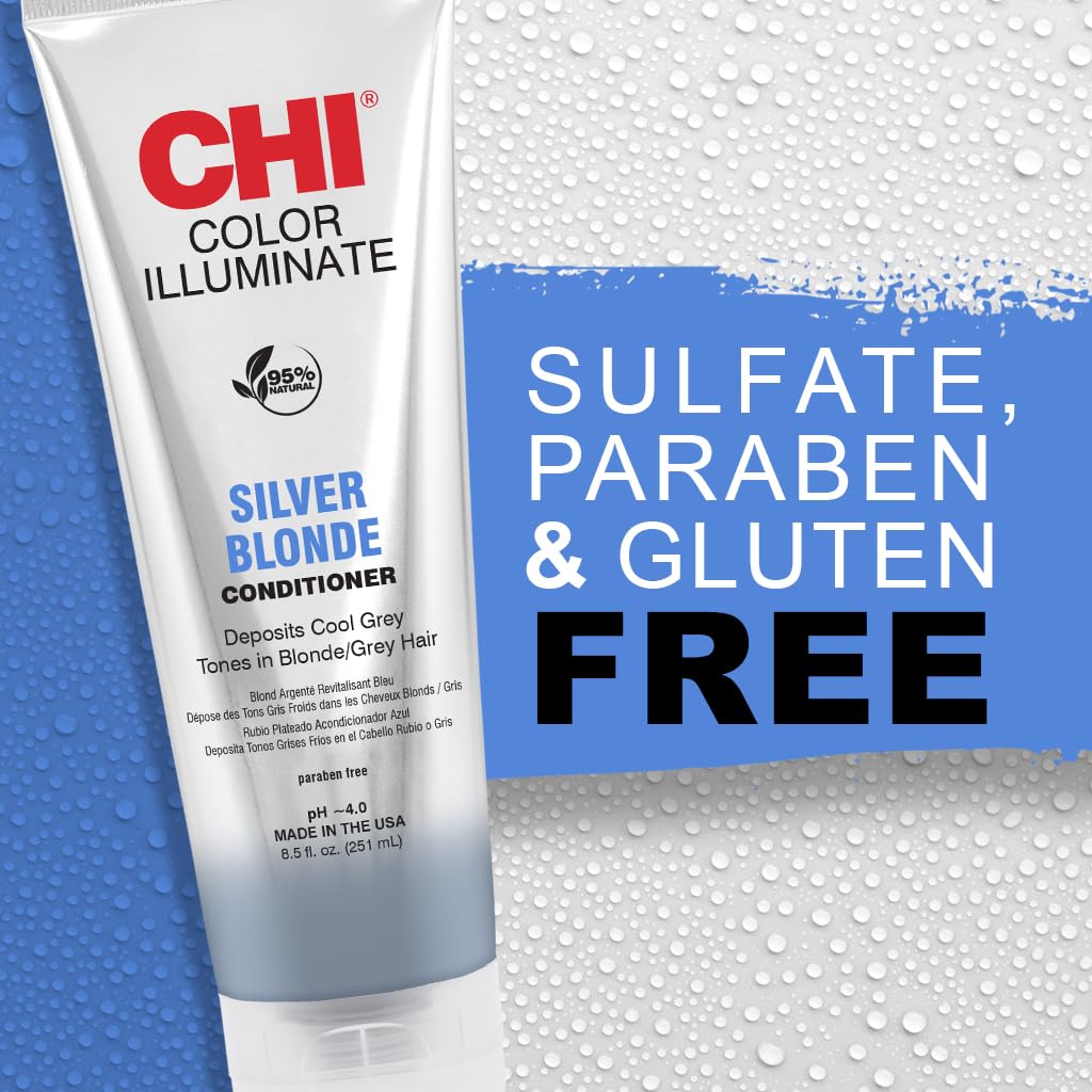 CHI bottle label detail with Silver Blonde text and ingredient clarity benefit