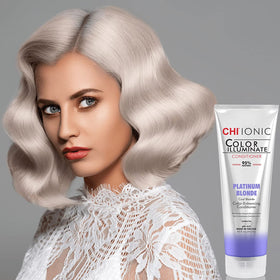 CHI conditioner applied to platinum hair demonstrating tone-refresh benefit