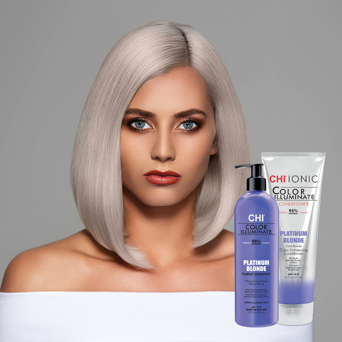 CHI bottle beside measuring cup showing 8.5 oz size and travel-friendly benefit