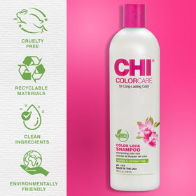 CHI shampoo in shower setting demonstrating in-use benefit for color-treated hair care
