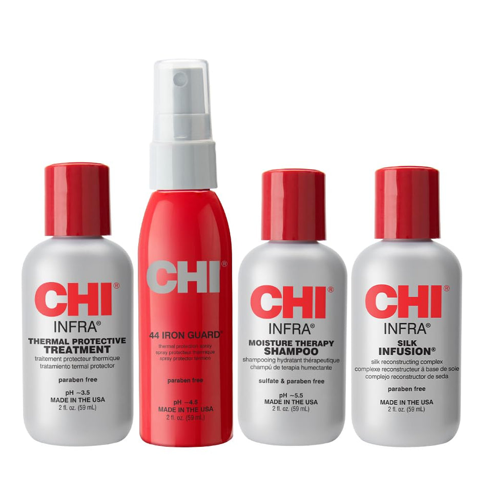 CHI kit front packaging showing four 2 oz bottles and travel convenience benefit