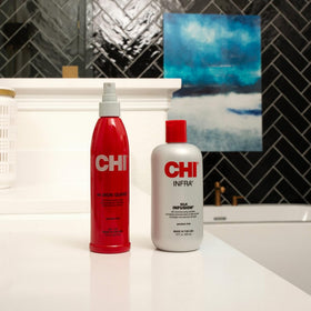 CHI bottle on bathroom shelf in lifestyle scene, promotes daily use