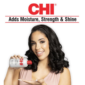 CHI product applied to damp hair demonstrating detangling and heat protection